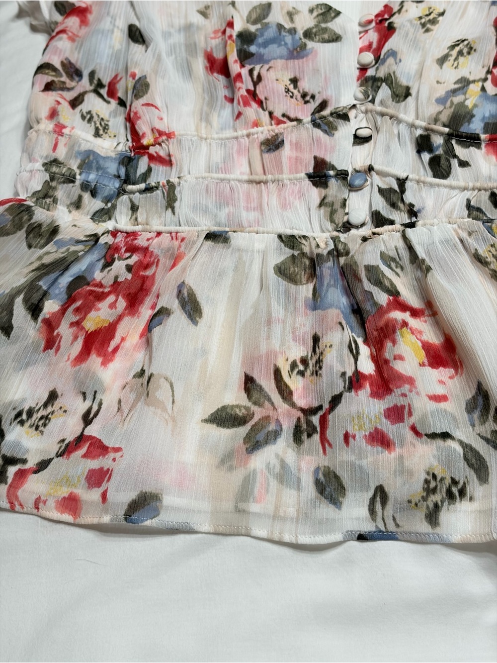White House Black Market Floral V-Neck Peplum Blouse - White/Pink/Blue - Picture 6 of 16
